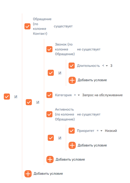 Рисунок 27 — Пример расширенного фильтра с использованием условий «Существует» и «Не существует»