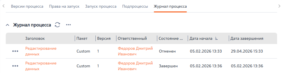 Рисунок 9 — Вкладка «Журнал процесса»