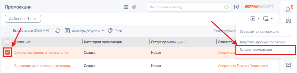 Рисунок 2 — Команда для включения процессов по выбранным в разделе записям Рисунок 2 — Команда для включения процессов по выбранным в разделе записям