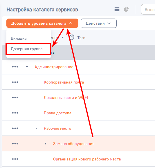 Рисунок 10 — Добавление дочерней группы из реестра раздела «Настройка каталога сервисов»