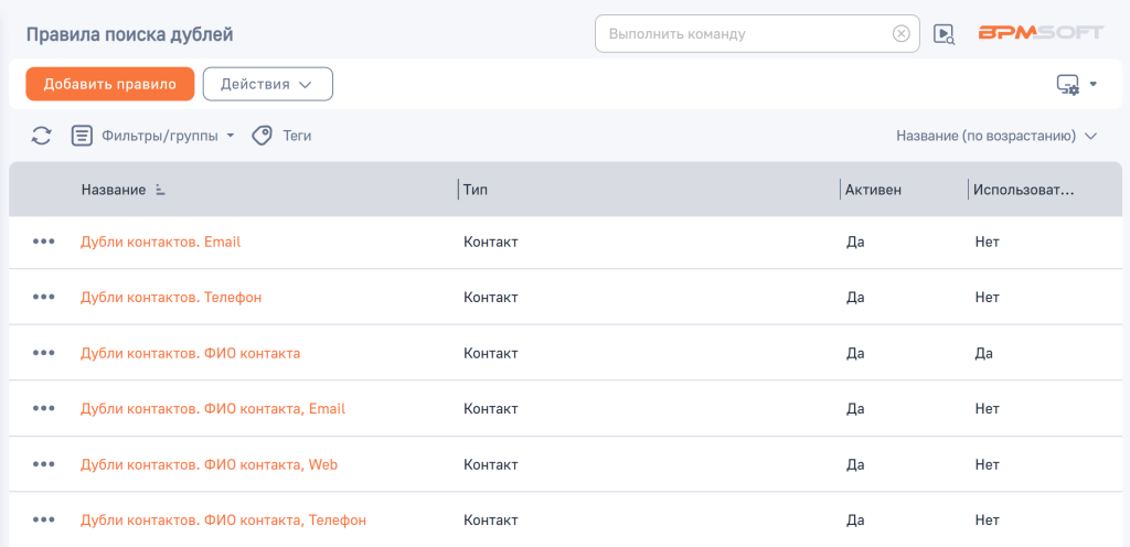 Рисунок 1 — Раздел «Правила поиска дублей» Рисунок 1 — Раздел «Правила поиска дублей»