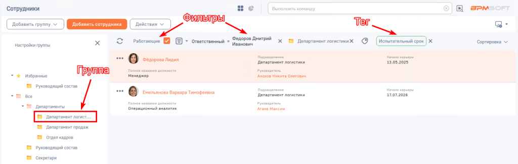 Рисунок 4 — Фильтры, группы и теги для работы с реестром сотрудников
