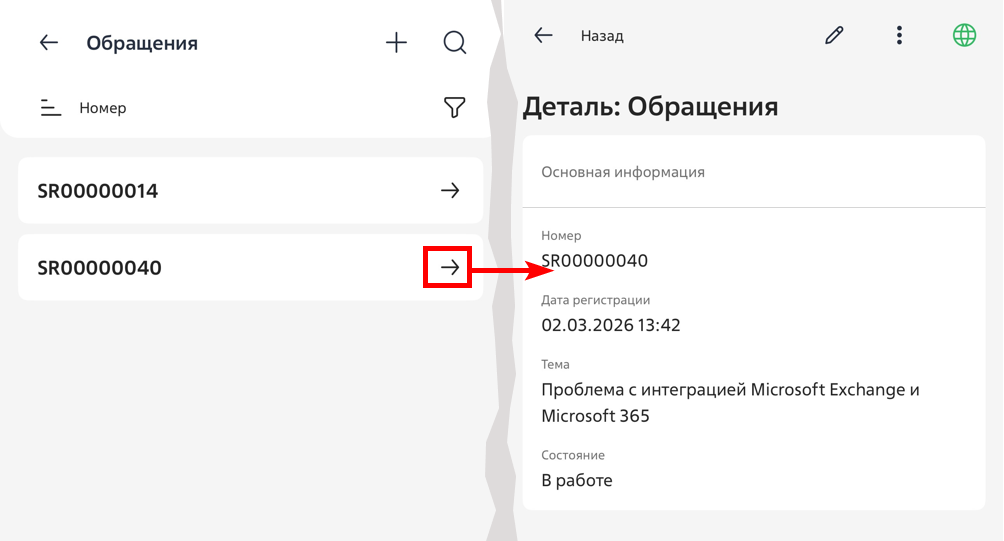 Рисунок 8 — Реестр и страница запись детали «Обращения» по разделу, которого нет в рабочем месте