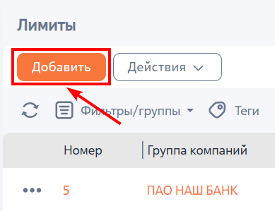 Рисунок 2 — Добавление лимита в разделе «Лимиты»