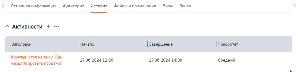 Рисунок 2 — Созданная активность на странице мероприятия