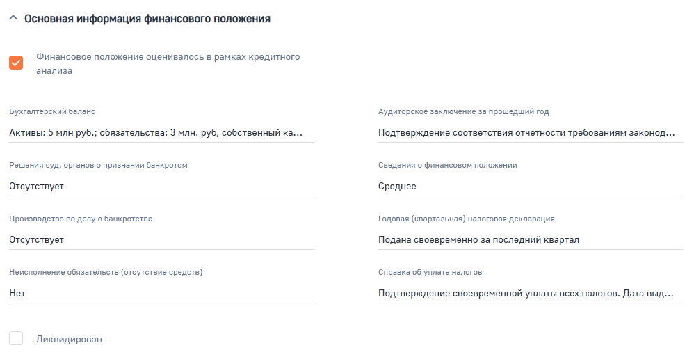 Рисунок 15 — Группа полей Основная информация финансового положения