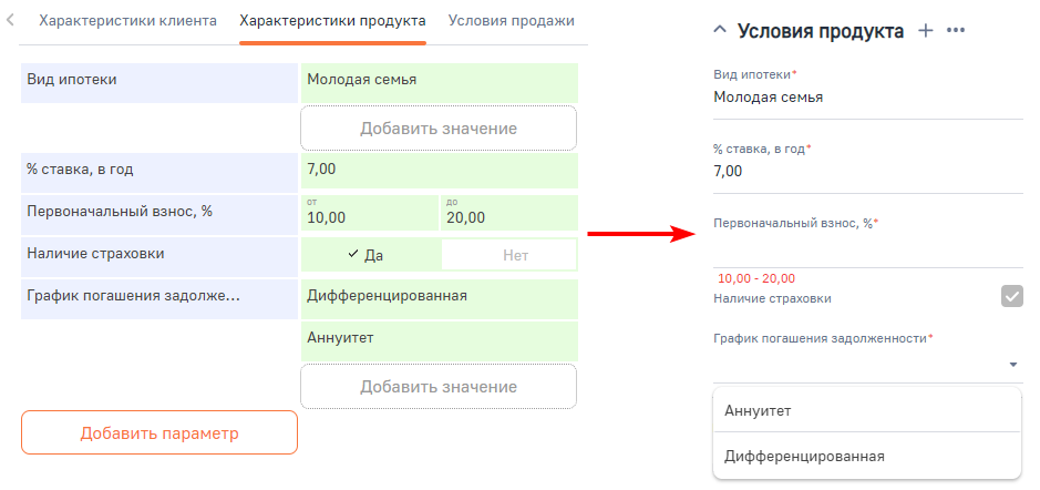 Рисунок 13 — Отображение полей на детали заявки Условия продукта согласно заданным параметрам в характеристиках продукта