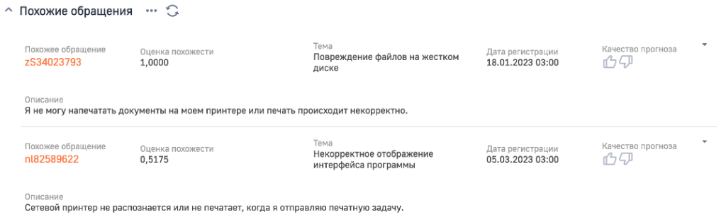 Рисунок 1 — Результат прогнозирования похожих обращений