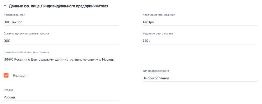 Рисунок 4 — Группа полей Данные юр. лица индивидуального предпринимателя