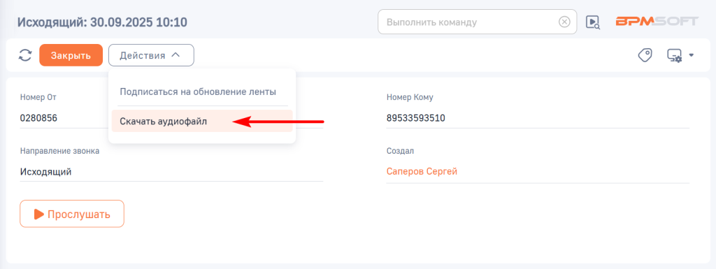 Рисунок 21 — Кнопка «Скачать аудиофайл» в выпадающем меню «Действия» страницы Звонка