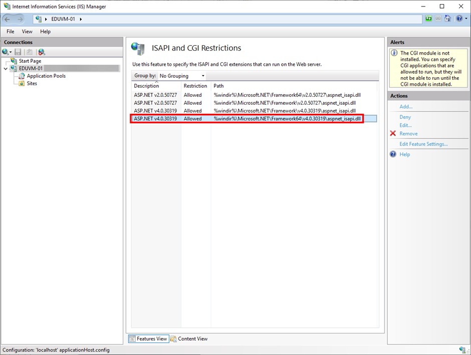 Рисунок 17 — Проверка версии ASP.Net в ISAPI and CGI Restrictions