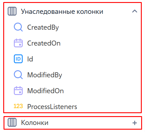 Рисунок 3 — Область расположения унаследованных колонок и добавления новых колонок